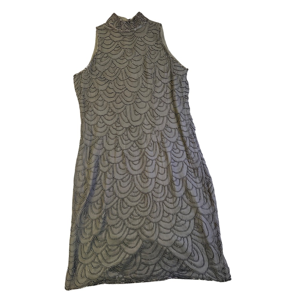 Milano Art Deco Beaded Black Cocktail‎ Dress Flapper Style Mock Neck Sz M